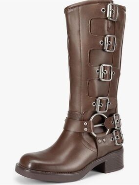 Dream Pairs Brown Mid-Calf Buckle Leather Boots